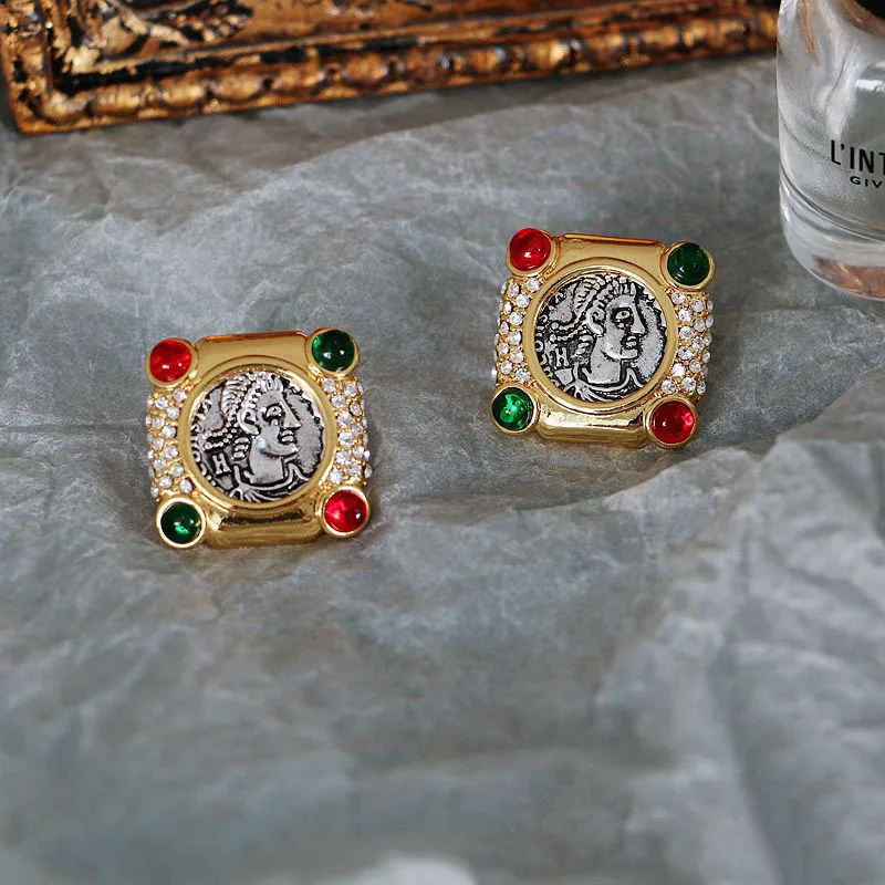 Vintage Colorful Stone Coins Stud Earrings For Women Jewelry Runway Party T Show Fancy Trendy Boho INS Japan