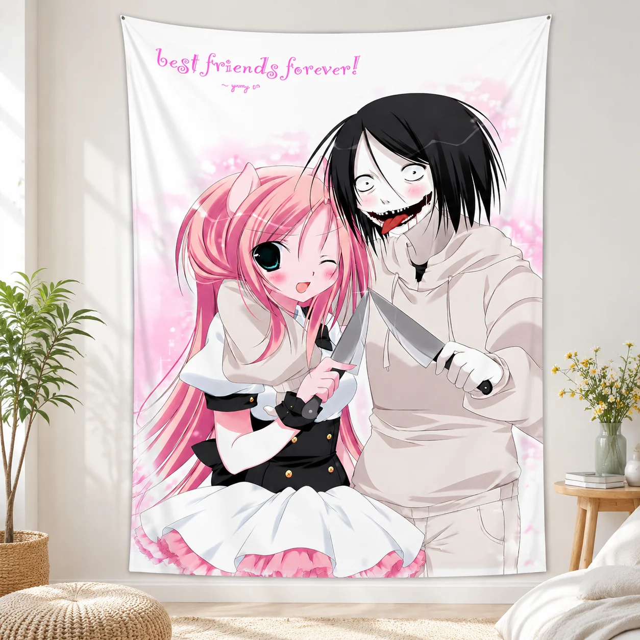 Creepypasta Best Friends Forever Tapestry, Creepy Cute Anime Girl & Horror Character Wall Hanging for Pastel Goth Bedroom Otaku