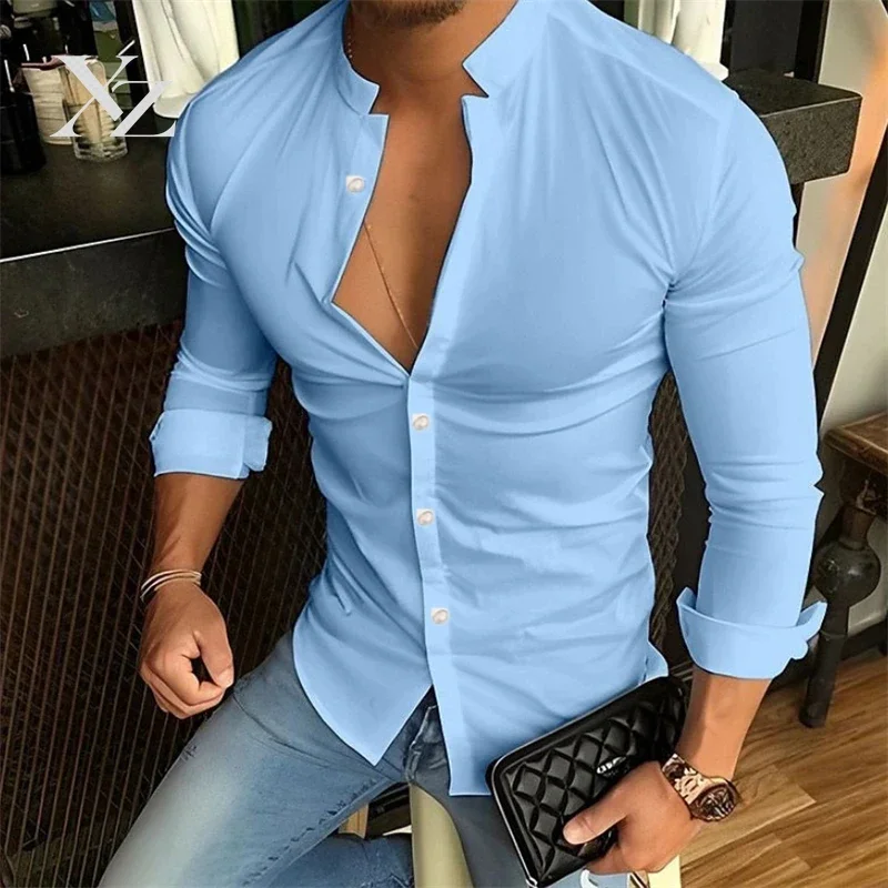 Men's Long-Sleeved Hawaiian Shirt Loose Top Pure Color 7-Color Spring Shirt Super Large Size 6XL Soft Fabric