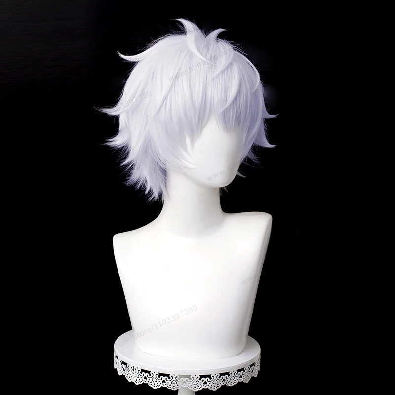 Peluca de Cosplay de Anime Gojo Satoru, cabello morado plateado, pelucas sintéticas resistentes al calor, 32cm