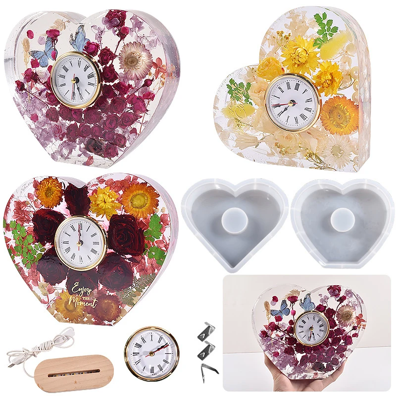 Europe Style Heart Shape Vertical Clock Epoxy Resin Mold Table Geometry Love Heart Clock Ornaments Valentine's Gift Clock Mould