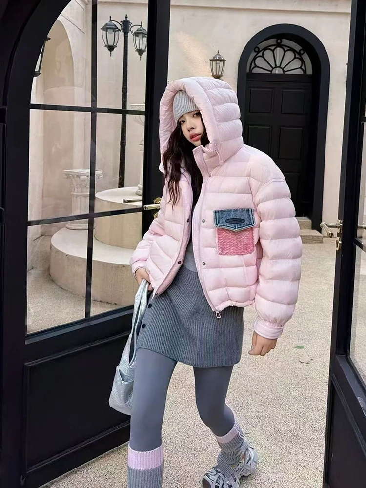 Winter Solid Color Hooded Short Down Jacket Female Thick Warm Zipper Button Jacket Women White Duck Down Loose Quilted Outwears