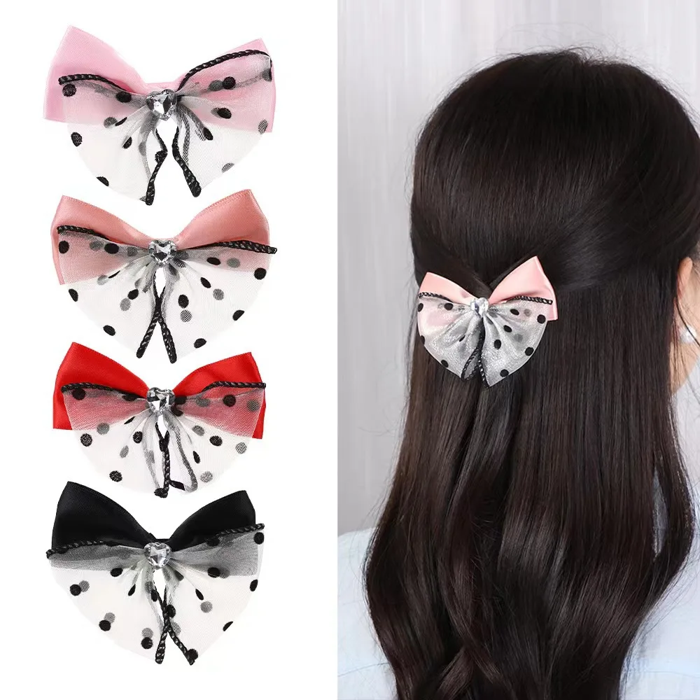 

4PCS Novelty Lovely Dotted Mesh Love Crystal Double Layer Bow Hair Clip Bow Girl Hair Band Hair Clip Fashion Hair Accessorie