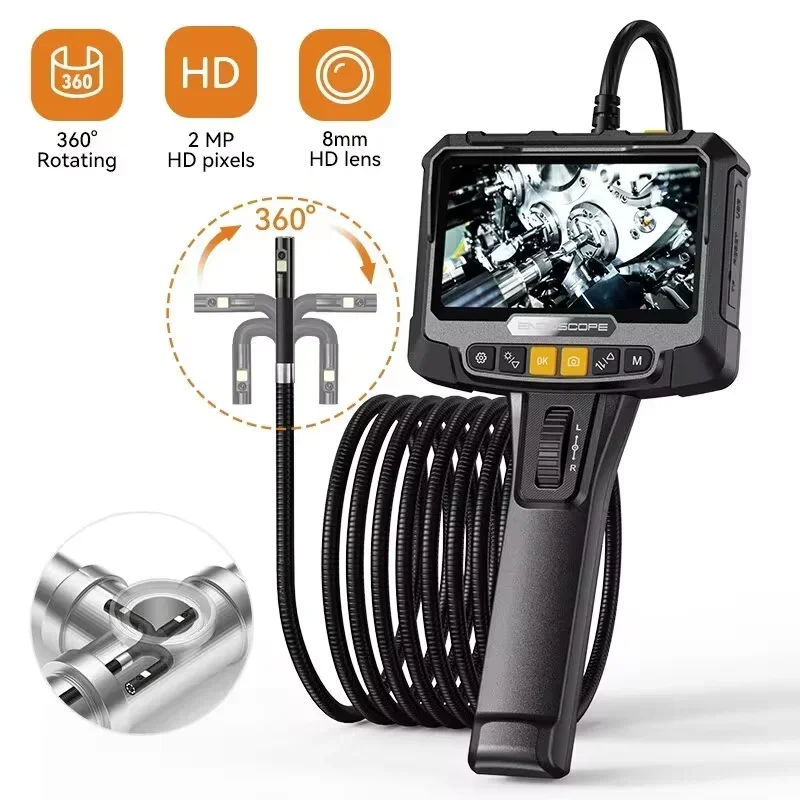 360 °   كاميرا المنظار الصناعي التوجيهية 8 مللي متر 5 "IPS شاشة فحص عدسة واحدة ومزدوجة Borescope 1080P لمحرك السيارة Pip
