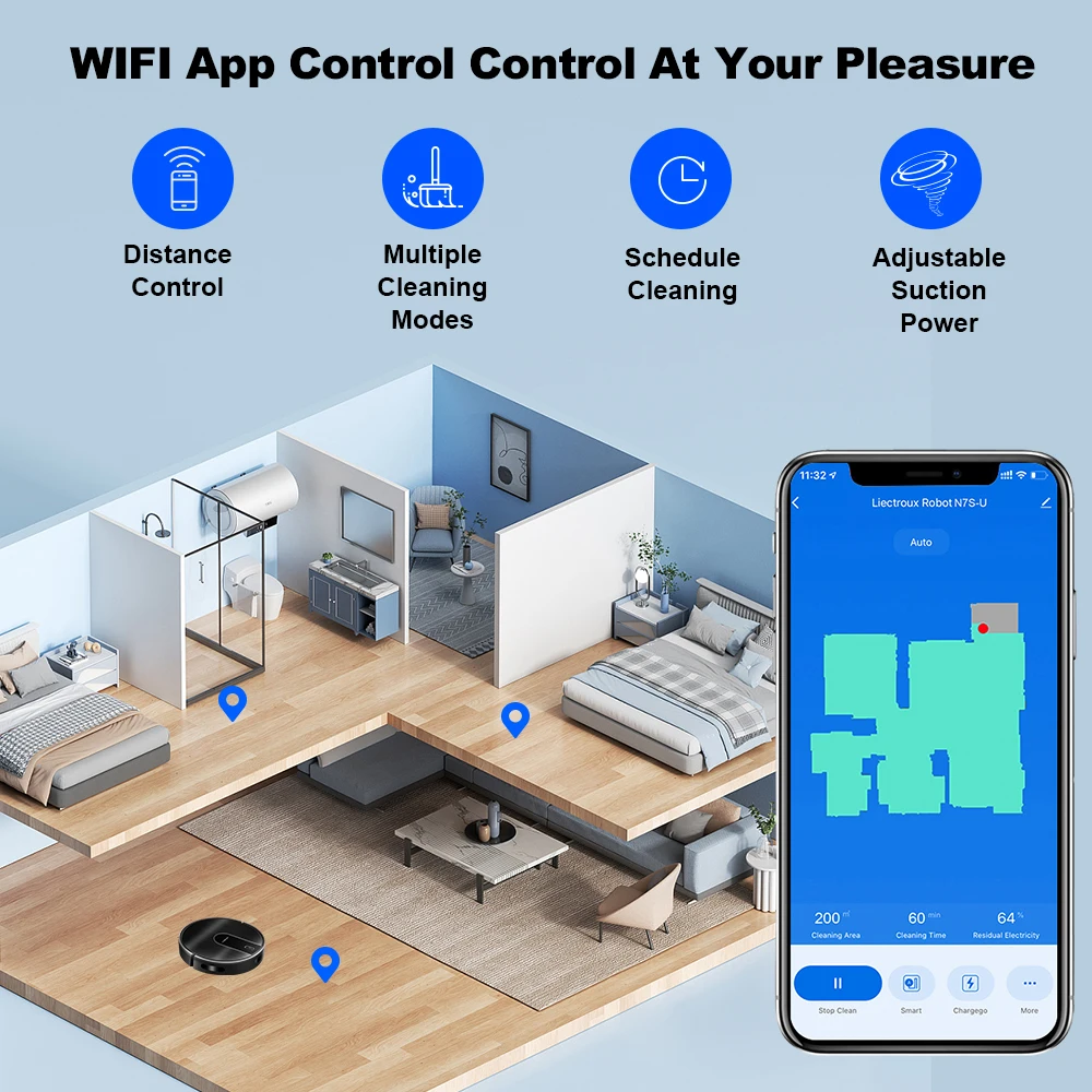 Robot Vacuum Cleaner  N7S-U,Smart Mapping,WiFi App,6KPa,5200MAH ,Brushless Motor,Ideal for Pet Hair