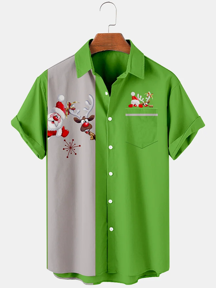 Men's Retro Elk Christmas Hawaiian Shirt Men Women Fashion Cartoon Santa Claus Shirts Short Sleeve Blouse Festive Holiday Top