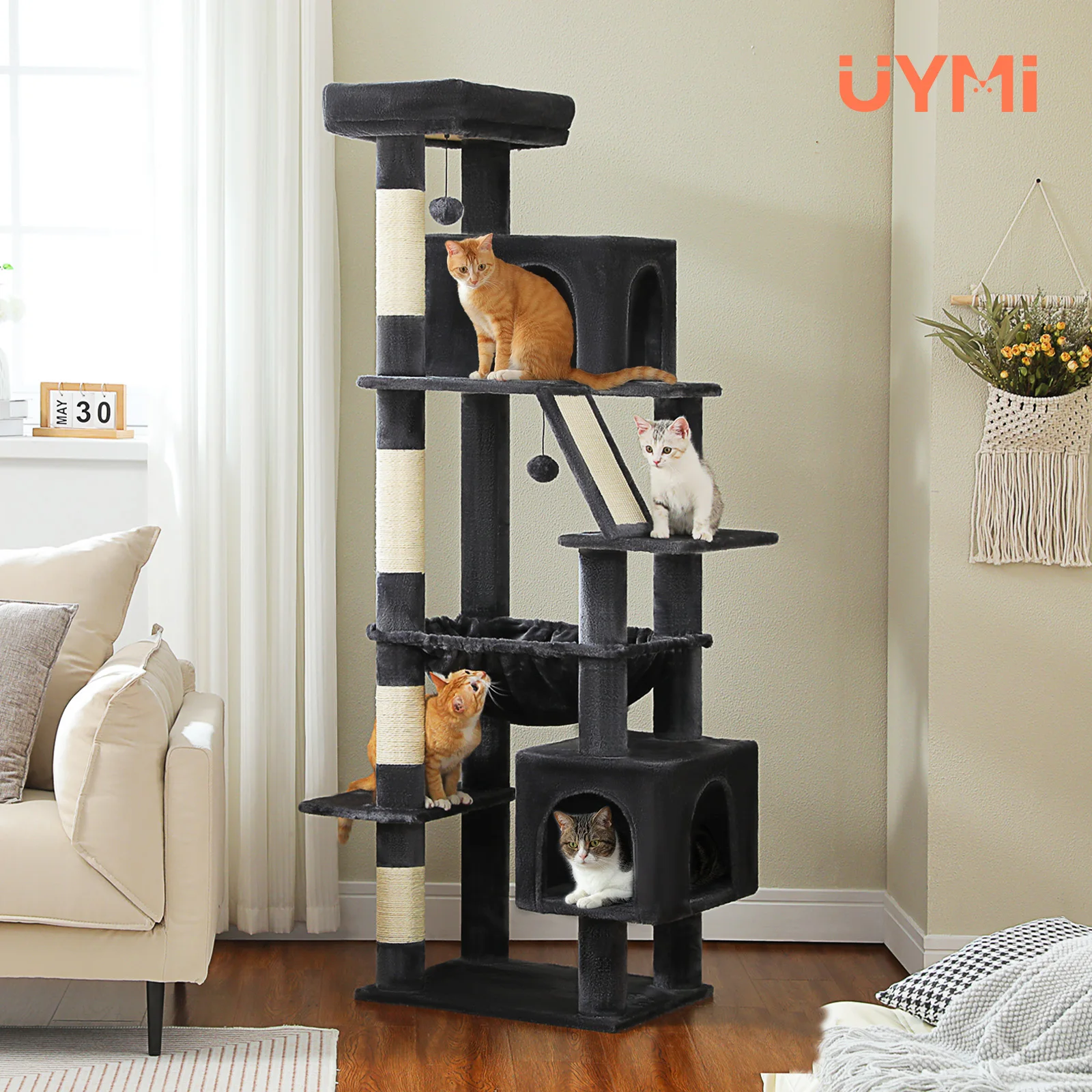 

Large Cat Tree with Big Hammock, Sisal Scratching Posts, Two Spacious Condos, Cat Scratch Board, Tall Cat Tower for Adult Cats