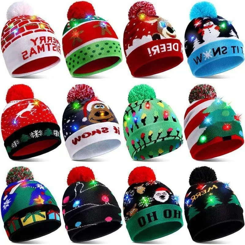 Christmas Shine Knit Hat Autumn Winter Santa Snowman Elk Gingerbread Man XMAS Colored Light Hat Party Adult Santa Hat New