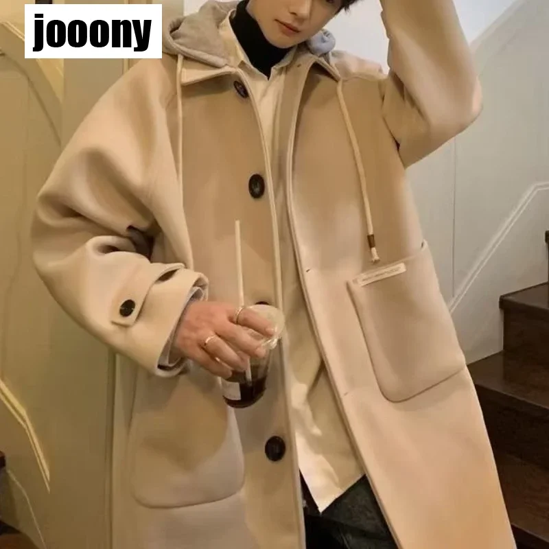 Autumn Winter Fashion Temperament Korean Advanced Classic New 2024 Men Korean Hooded Solid Single Breasted Lapel Medium To Long