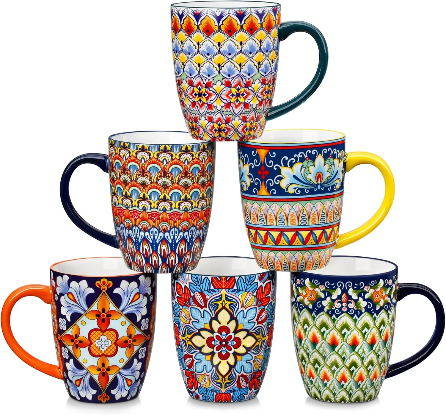 Set of 6 Large 16 oz Ceramic Coffee Mugs with Handle, Boho Style, Dishwasher & Microwave Safe, Gift Set