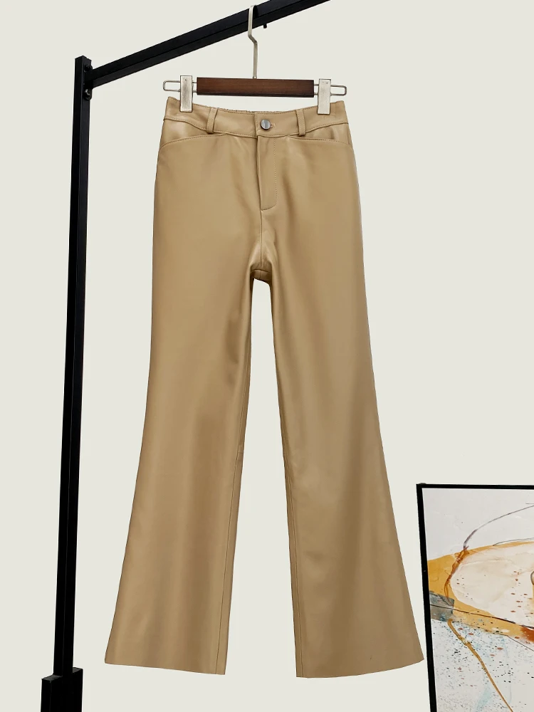 Winter New High Quality Genuine Real Leather Pants Women's Fashionable All-Match Cropped Bootcut Trousers Waist Casual