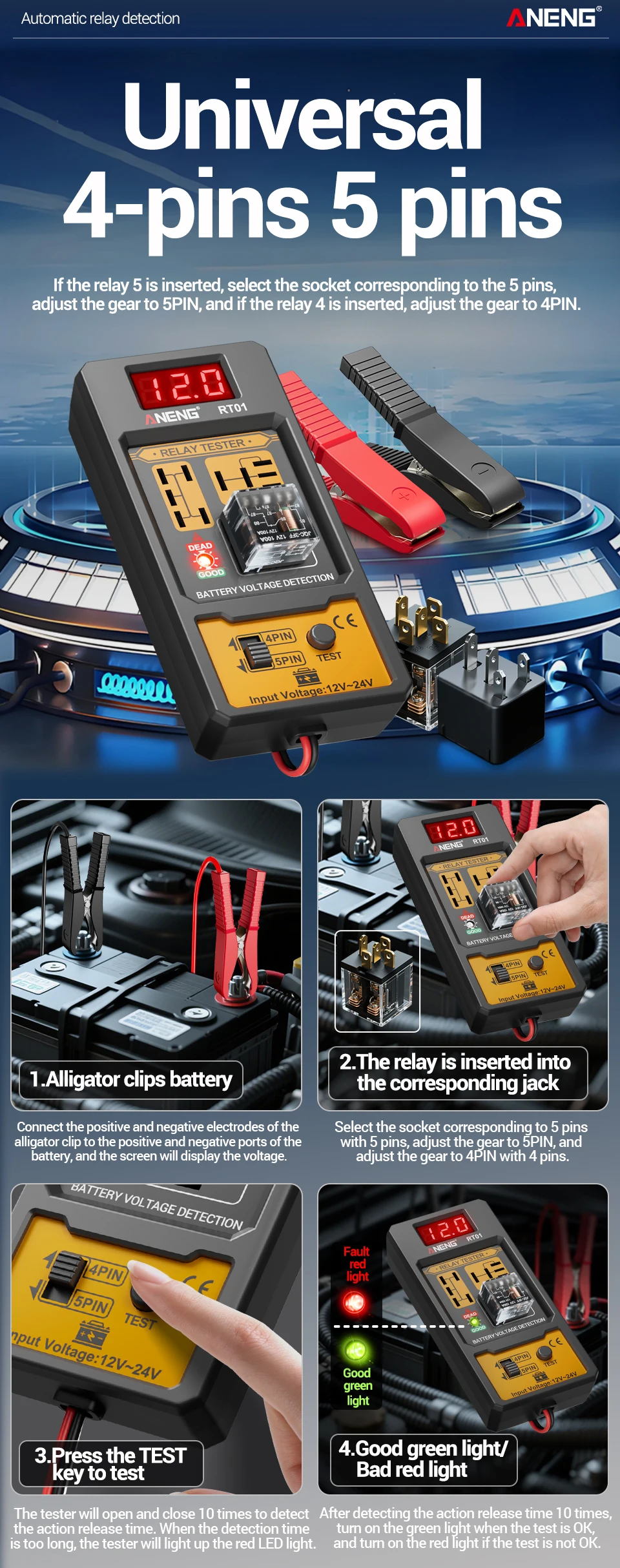Präzisions-Detektionskit RT01 Kfz-Relais-Tester, gepaart mit BT138 Batterietester, universelles Diagnose- und Wartungswerkzeug – Detail 7