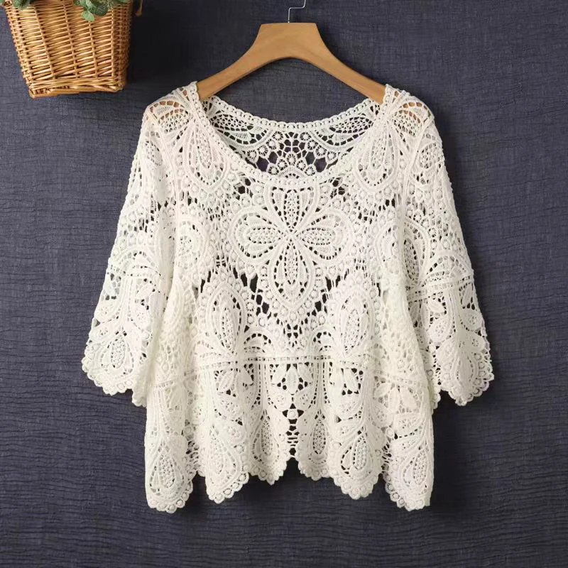 

Korean Fashion White Hollowe Out Embroidery Tops Summer Hook Flower Blouse Flared Sleeve Women Sun Protection Shirt