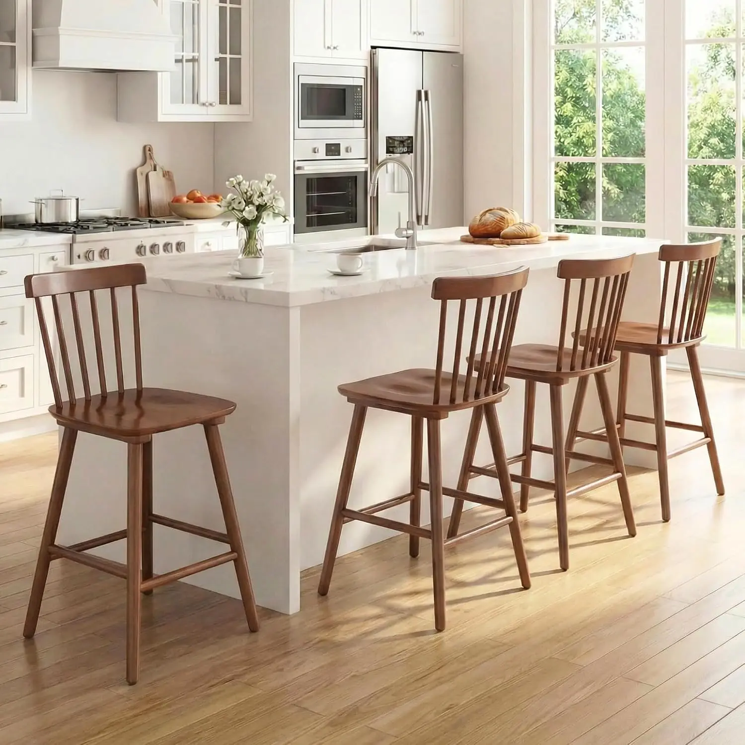 Windsor Bar Stools Set of 4, 26 Inch Counter Height Barstools Wooden Barstools with Spindle Back/Bigger Seat for, Customized