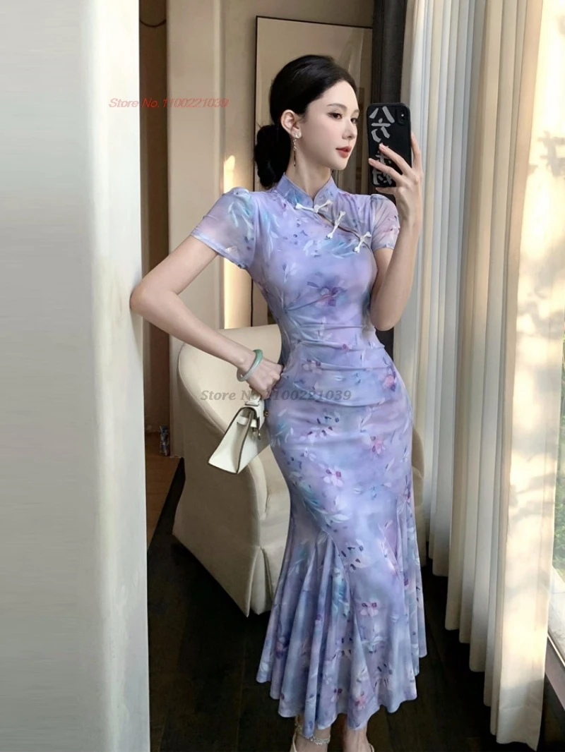 

2026 китайское сексуальное платье-ципао, улучшенный чонсам с цветочным принтом, сетчатое платье с эффектом рыбьего хвоста, вечернее платье для ночных клубов и банкетов, vestido.