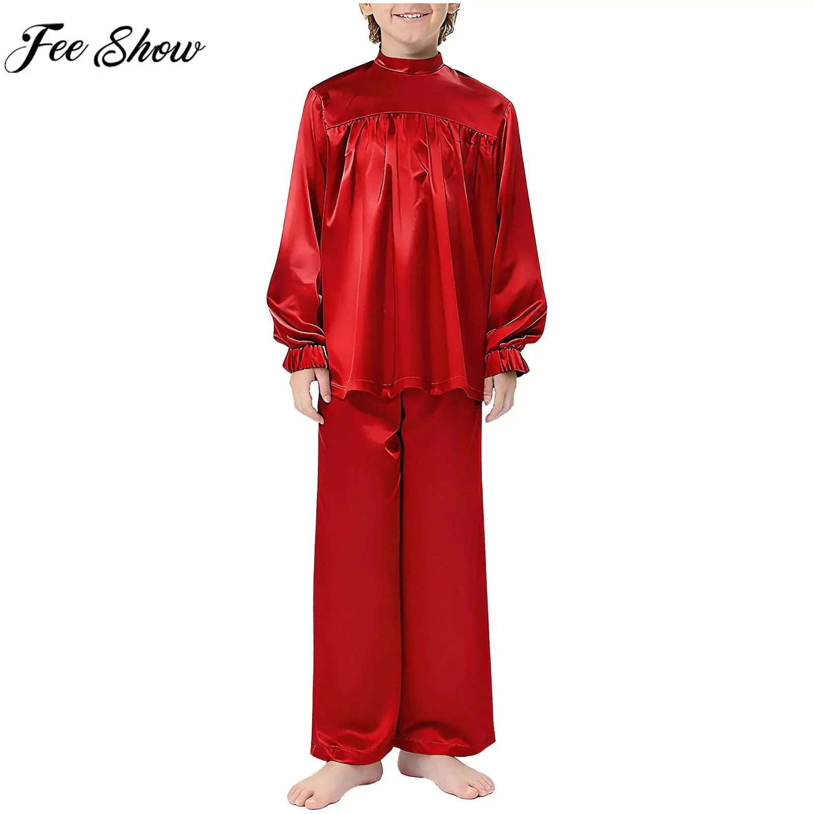 

Детский атласный топ на молнии с длинными рукавами для хора, похвального поклонения, литургический танцевальный топ с брюками, церковные мероприятия, Рождественский карнавальный костюм