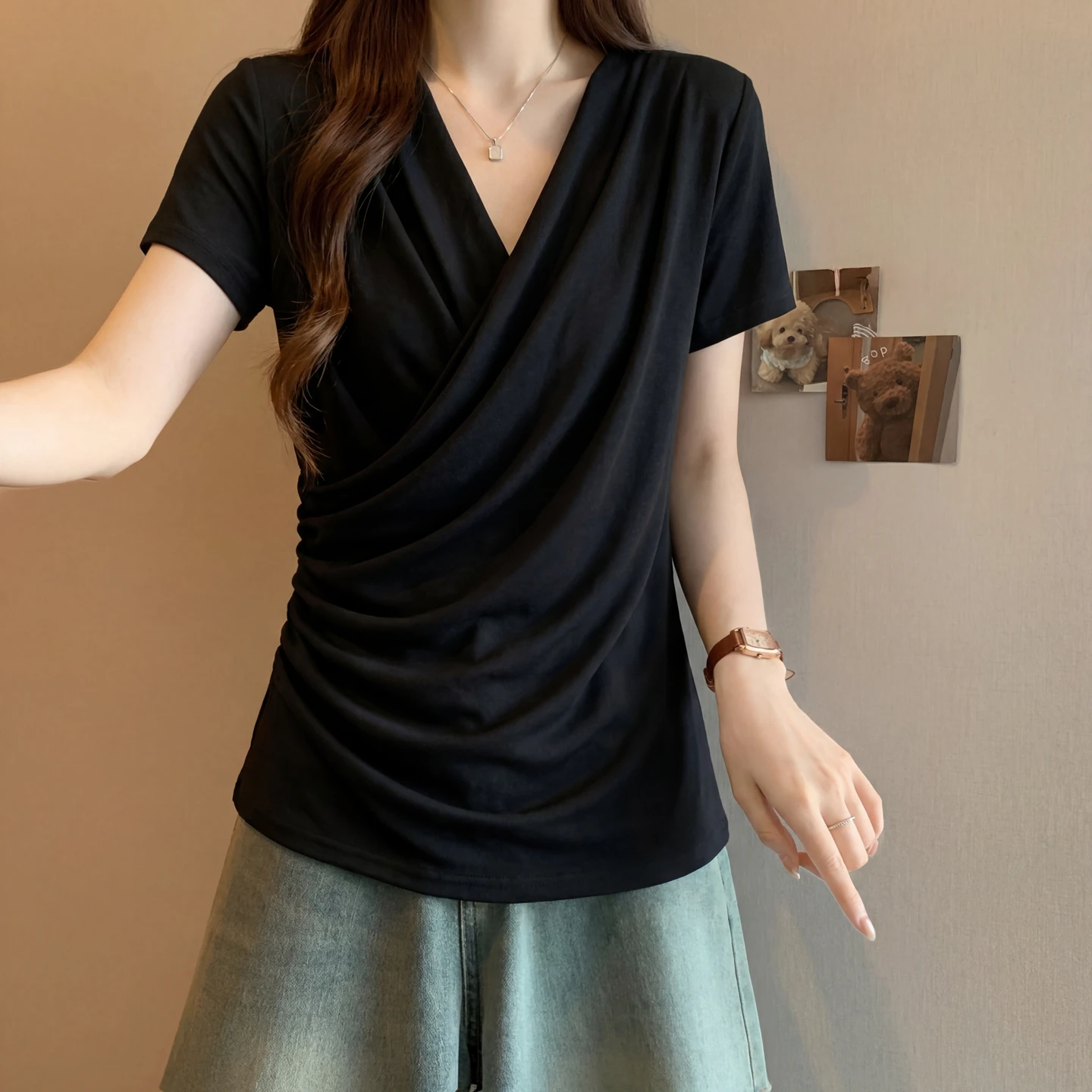 Elegant V-Neck Cross Short Sleeve T-Shirt Women's Summer 2026 New plus Size Slimming Fashionable Unique Top Korean Style