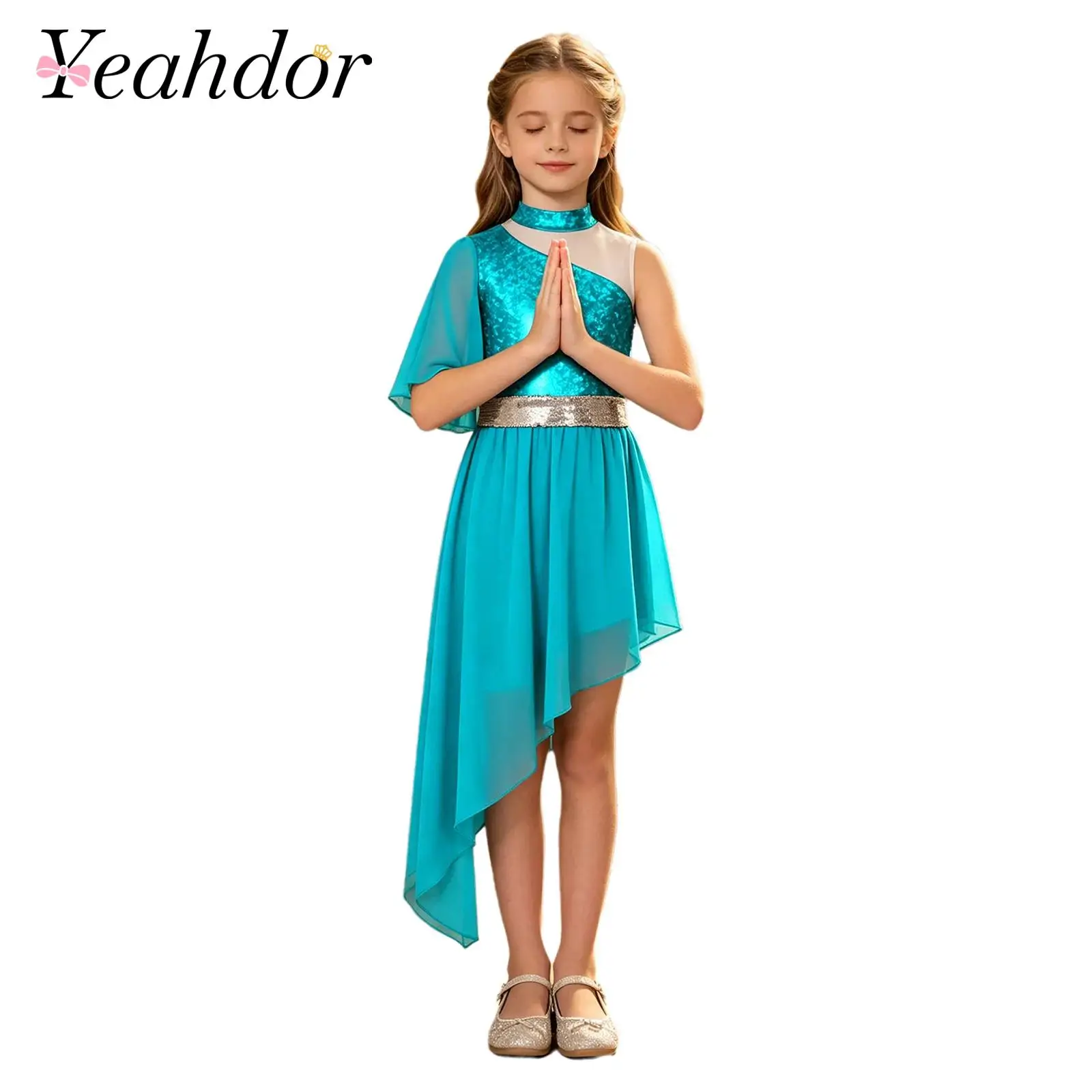 Kids Girls Praise Dress Worship Robe Liturgical Lyrical Dance Costume Dancewear Stage Performance Metallic Asymmetrical Dress