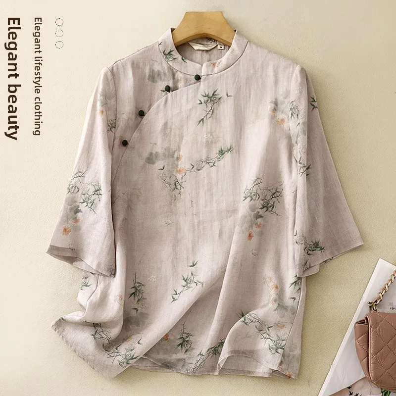 Neue chinesische Sle Damen irt Lingling Button Flachs Sommer Eleganz modifizierte Hanfu Top Five Sve National Sle Small ir...