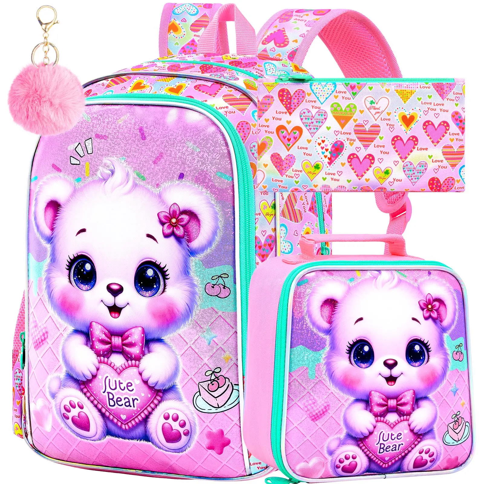 

3PCS Backpack for Girls, 16" Little Kids Bear Preschool Bookbag, Elementary Backpacks and Lunch Box - Purple