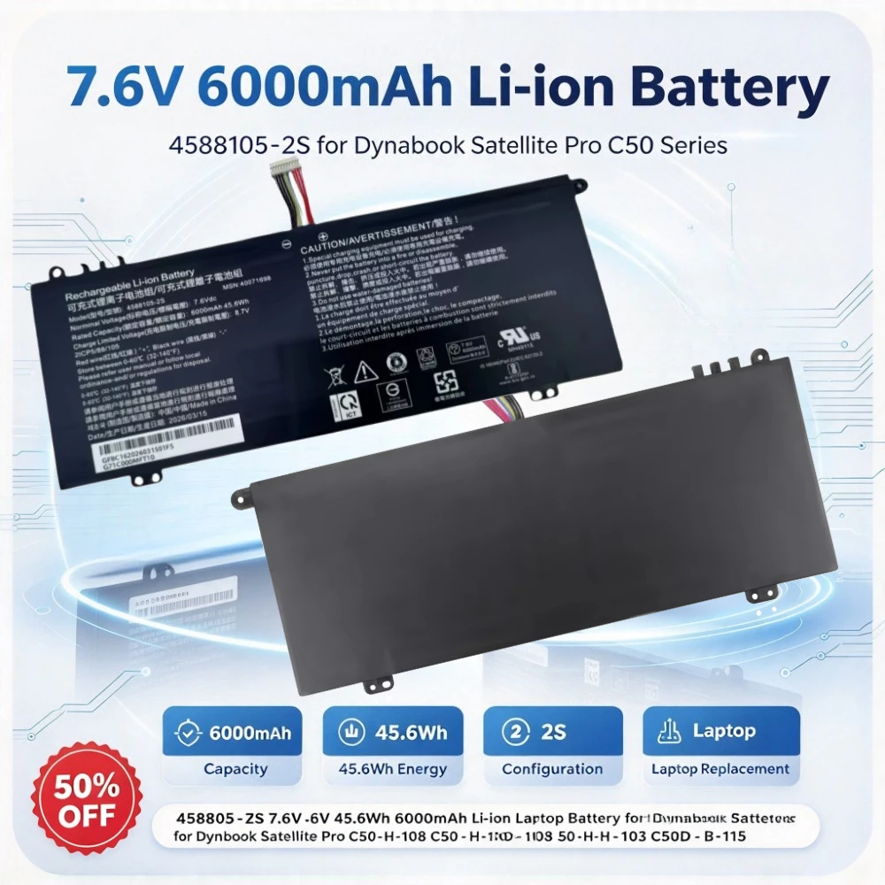 4588105-2S 7.6V 45.6Wh 6000mAh Li-ion Laptop Battery for Dynabook Satellite Pro C50-H-108 C50-H-103 C50D-B-115 for Medion Akoya