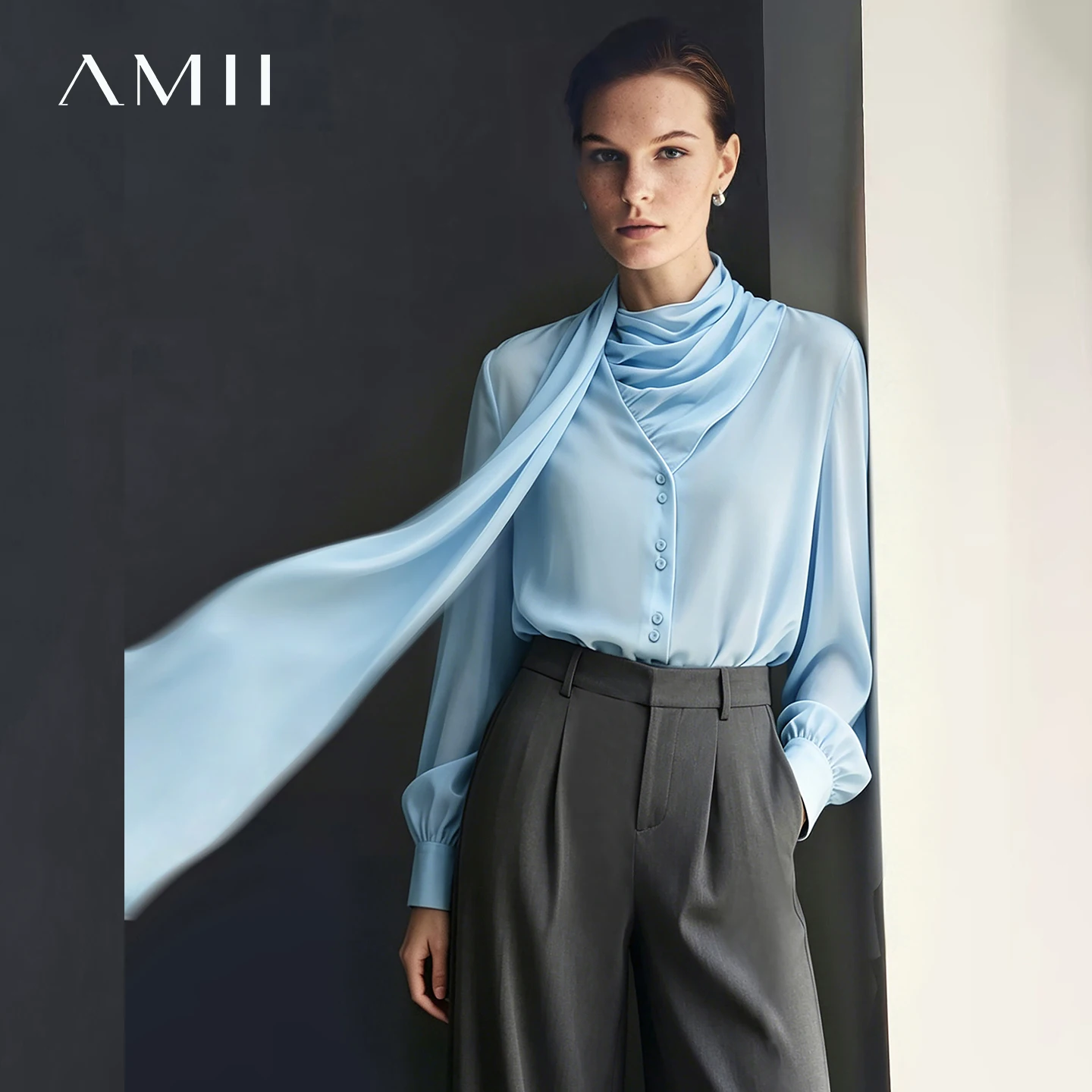Amii Women's Blouse 2026 Autumn New V-Neck Elegant Long Sleeve Chiffon Top With Tie Neck Loose Flowy Shirt For Women 12653004