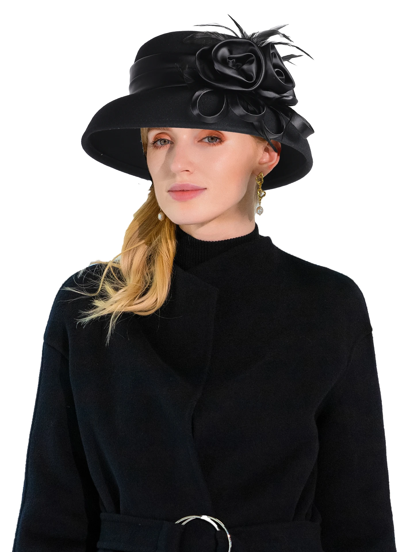 

Women's Black Wool Felt Cloche Hat with Flower Feather Winter Hepburn Style Formal Church Tea Party Dress Cocktail Bucket Hats