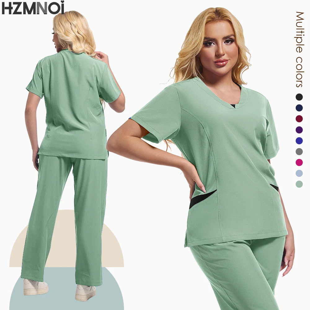 New Scrubs Set Medical Uniforms Stretch Scrub Tops with Pocket Pants Nurse Uniform Doctor Surgery Overalls Beauty Salon Workwear