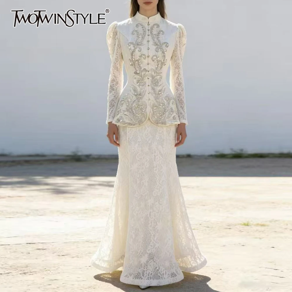 

TWOTWINSTYLE Solid Slimming Spliced Lace Two Piece Sets for Women Round Neck Long Sleeves Patchwork Zipper Skirt Set Female New