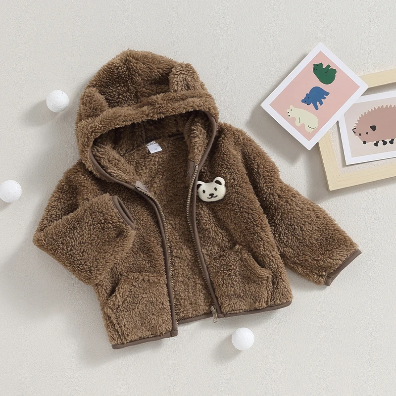 Hooded Coat Baby Boy Girl Fuzzy Jacket Winter Warm Clothes 3D Bear Zipper Sweatshirt Closure Fleece Tops Outerwear