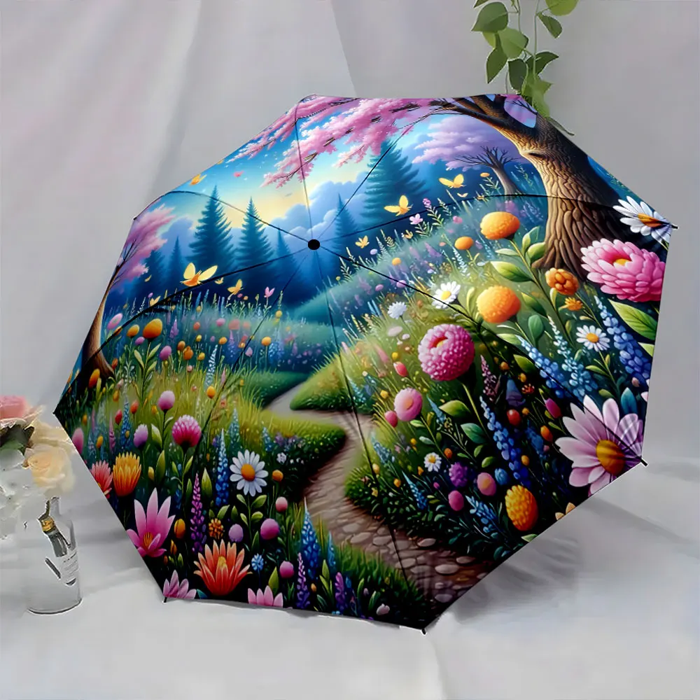 Colorful Forest Path with Flowers and Butterflies Scene portable waterproof sun rain umbrella for outdoor travel beach