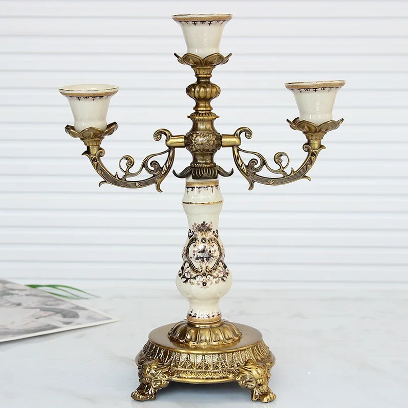 Alloy Ceramic Candle Holder, 3-Arm Candelabra Living Room Vintage Centerpiece Decor for Villa Entryway, Farmhouse Ornament