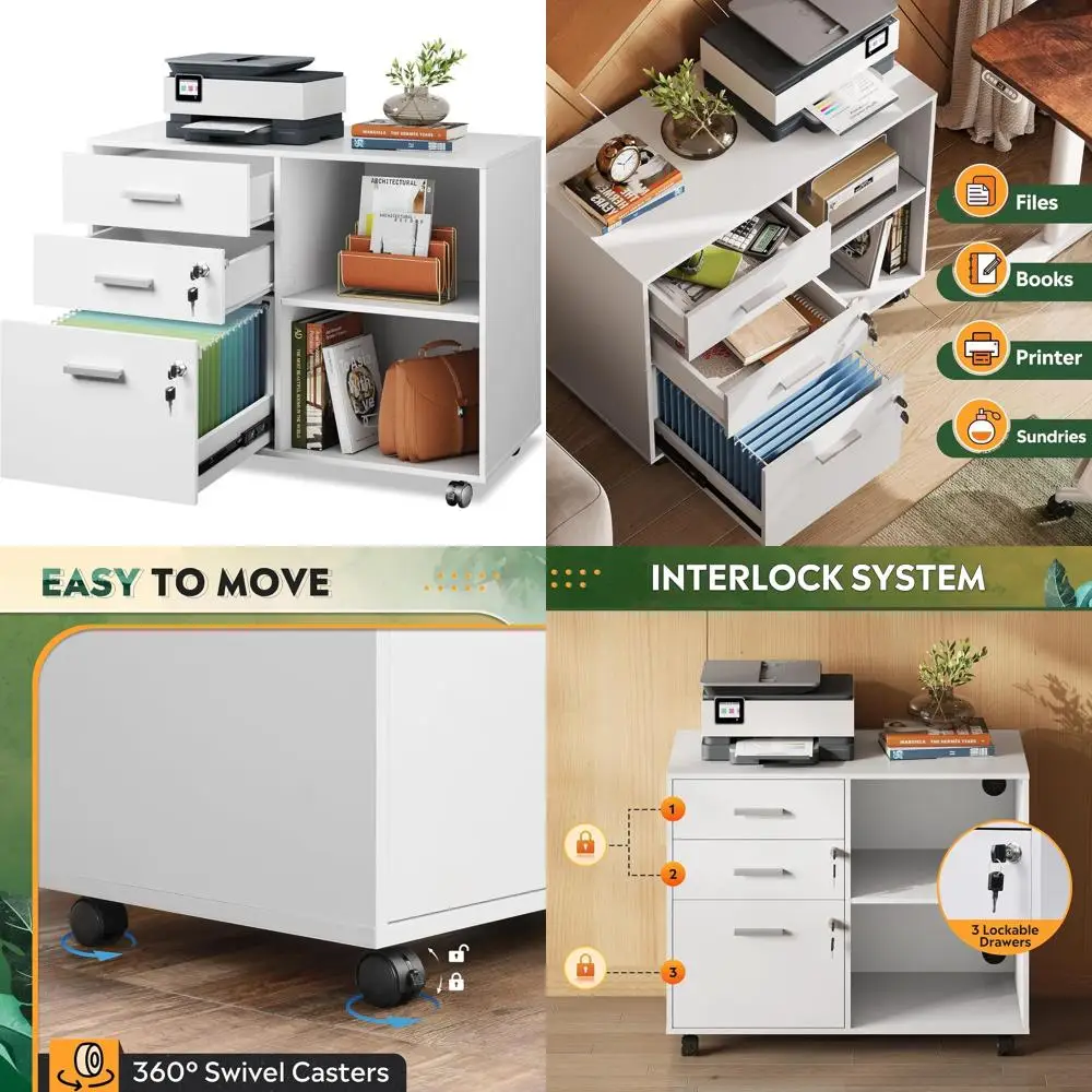 

White 3-Drawer Lockable Mobile File Cabinet with Printer Stand and Open Shelves for Home Office