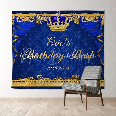 Royal Blue Crown Backdrop for Birthday Party, Personalized Gold Text King Prince Theme Photography Studio Banner