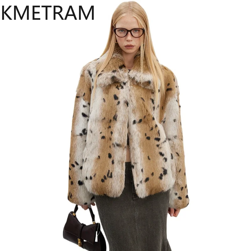 

KMETRAM Grassland Rabbit Fur Jacket 2026 Vintage Leopard Print Real Fur Coat Autumn Winter Jacket Women Fur Outwear Abrigo Mujer