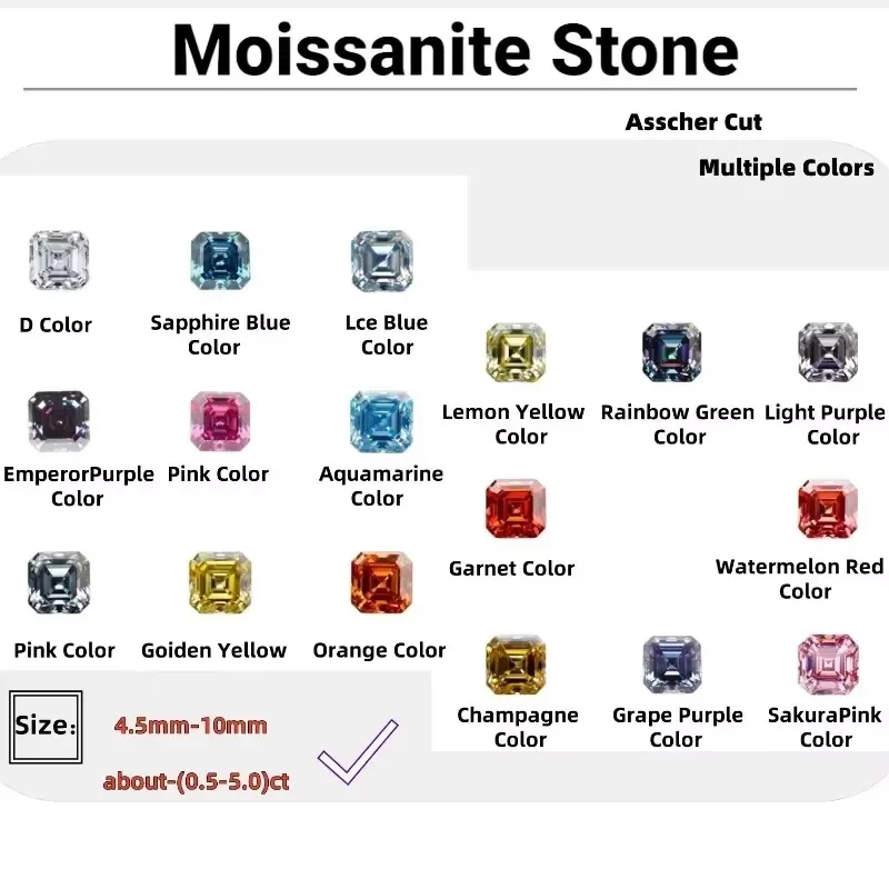 Moissanite Stone Multiple Colors Asscher Cut  VVS1 High Quality Loose Gemstones for Custom Jewelry Making with Certificate