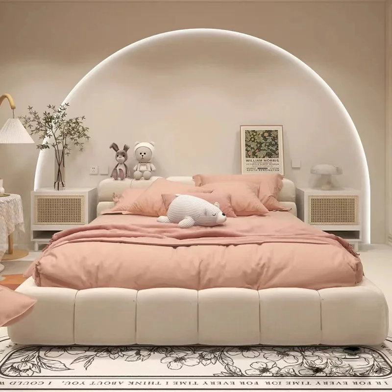 سرير إيطالي بسيط منتفخ لغرفة النوم الرئيسية خفيف فاخر للمشاهير على الإنترنت كريم تكنولوجيا الرياح قماش غير لامع حديث بسيط #3