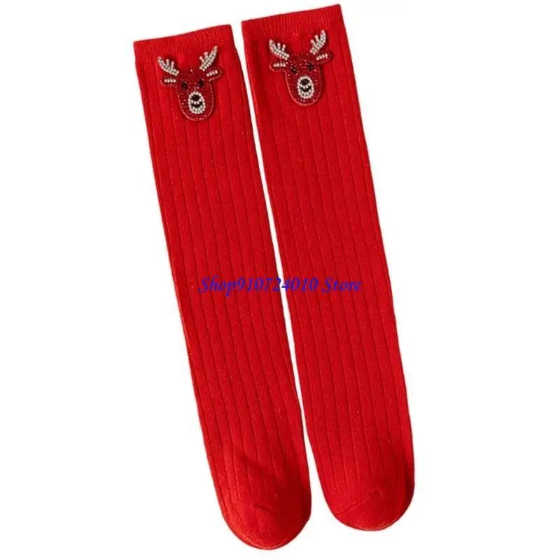 77HD Girls Christmas Cotton Socks Middle Calf Elastic Comfortable for School Event