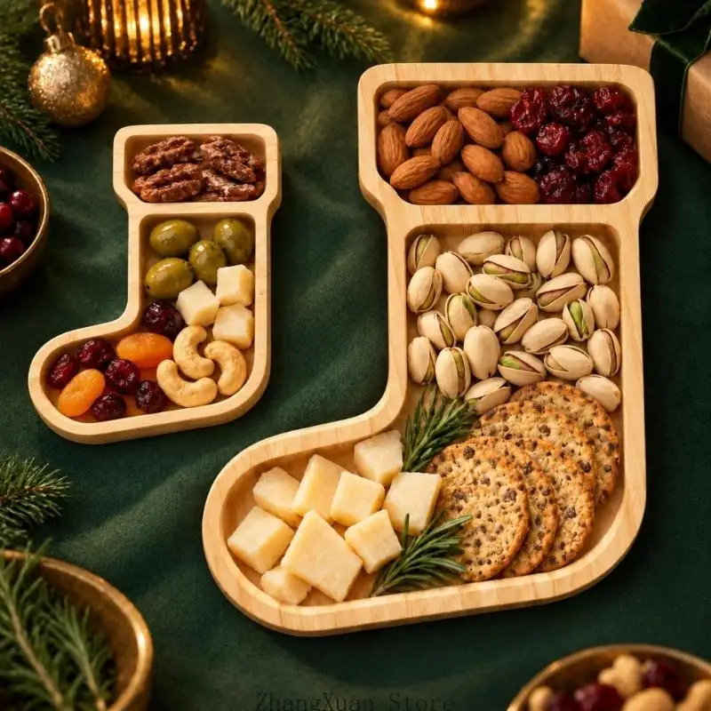 Weihnachts-Tischtablett aus Bambus, 2er-Set, mit strumpfförmigem Design und 2 geteilten Abschnitten, Holzschneidebretter 3XUF – Detail 3
