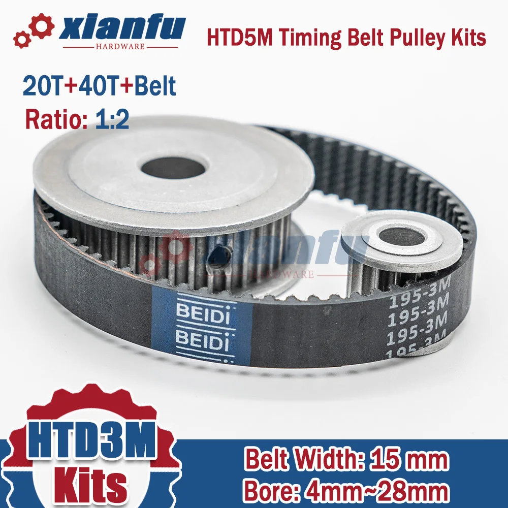 HTD3M Timing Belt Pulley Set 20T+40T Width 15mm Bore 5~28mm Synchronous wheels HTD 3M 20Teeth Pulley Sets 20 40 for CNC 40Teeth