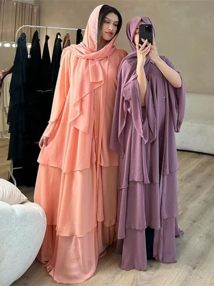 Summer Open Chiffon Khimar Kimono Abaya Dubai Luxury 2024 Muslim Sets Modest Kaftan Hijab Dresses For Women Islam Kebaya Damen