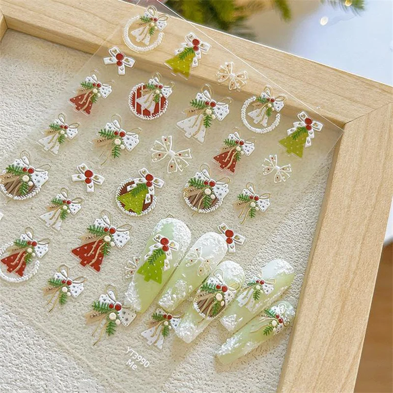 Pequeño y fresco árbol de Navidad, cinta con lazo, pegatinas para uñas en relieve 5D, bonitas calcomanías para uñas, regalos de decoración para manicura navideña DIY