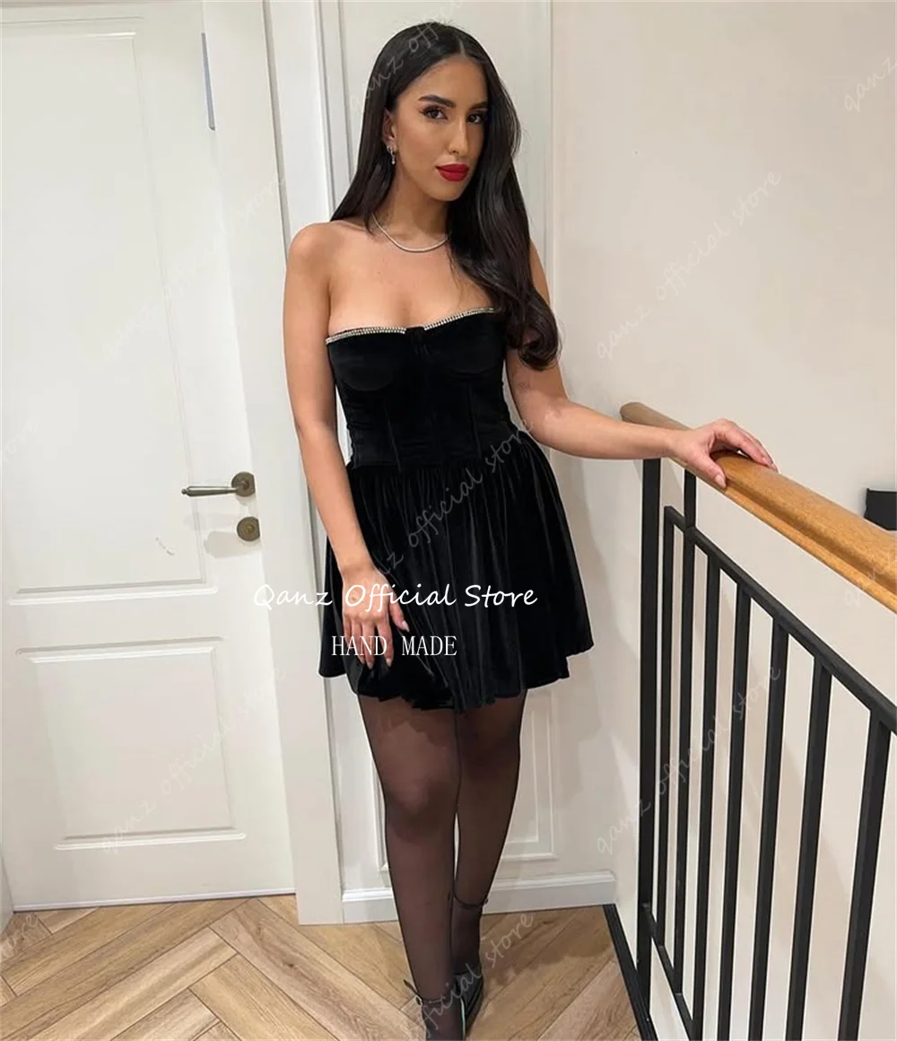 Qanz-Robe de Rhen cristal noir sexy pour femme, mini robe en velours à lacets dans le dos, robe de soirée élégante, robe d'anniversaire personnalisée