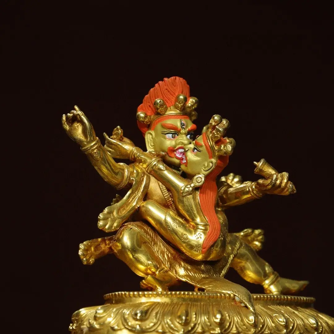 Happy Buddha Brass Gold Gilded Yellow Jambhala Dual Deity Living Room Temple Desk Vintage Decor