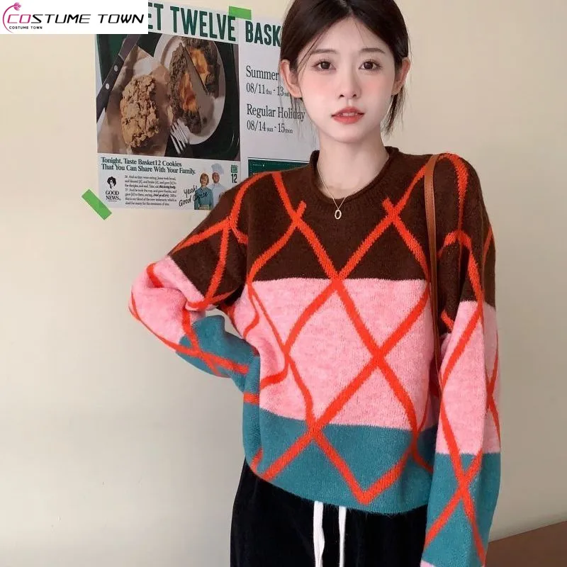 2023 Korean Version New Autumn/winter Fashionable Contrasting Diamond Grid Lazy Retro Loose and Versatile Knitted Sweater