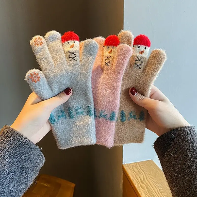 Winter Touch Screen Knitted Gloves for Women Riding Thicken Warm Five Fingers Fashion Y2K Kawaii Woolen Mittens Christmas Gifts