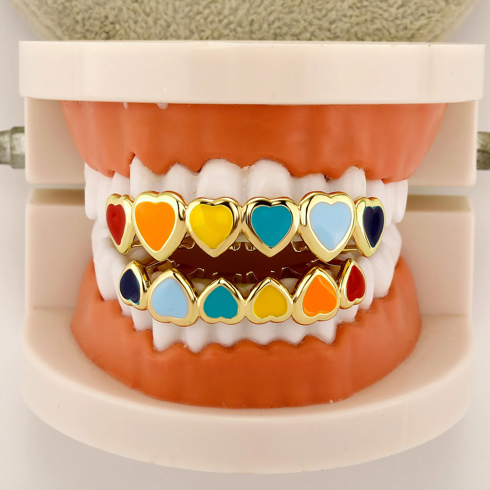 YOUNGX أعلى أسفل 6/6 متعدد الألوان القلب الأسنان Grillz خمر الملونة لامعة الأسنان قبعات للنساء الرجال المجوهرات شوايات الأسنان #4