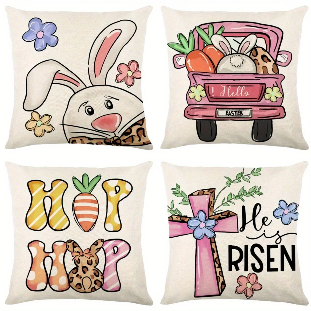 Happy Easter decoration pillow cover, rabbit flower cross truck pattern design, sofa cushion cover, home bedroom room decoration