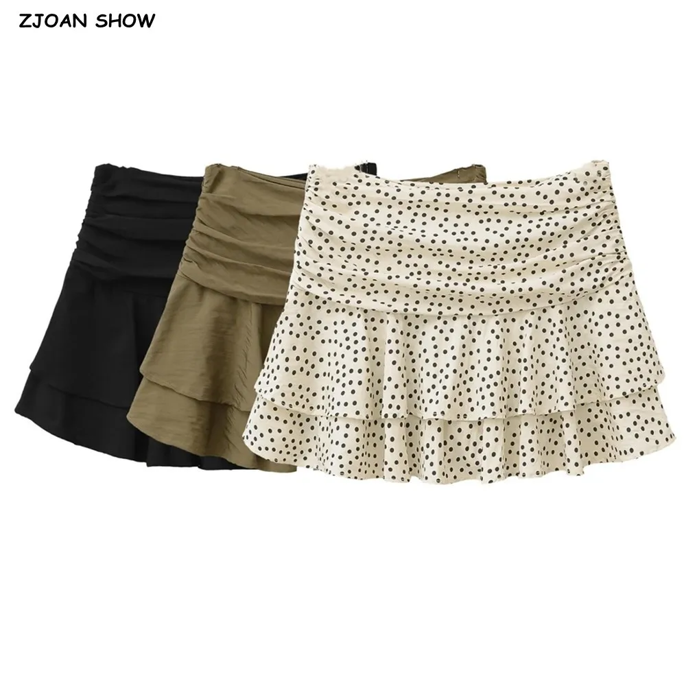 3 Colors Fashion Ruched High Waist Ruffles Swing Mini Skirts With Shorts Underwear Lining Skater Polka Dot Print Skirts