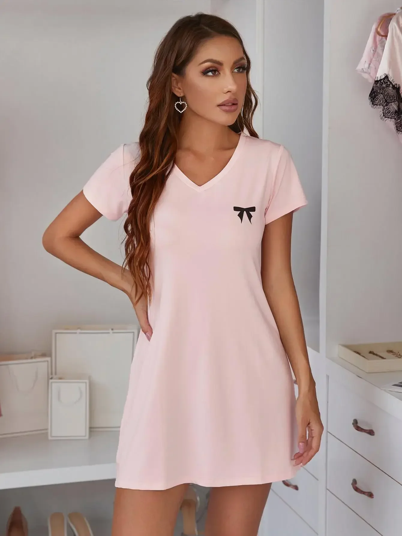 

Summer V Neck Sexy Women Sleep Dess Bow Print Sleepwear Solid Color Nightwear Short Sleeve Pajamas Nighties Nightgown Nightdress